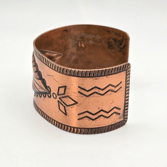 VTG Bell Trading Post Wide Copper Cuff Bracelet 6.5" Stamped Design Southwestern - Picture 2 of 7